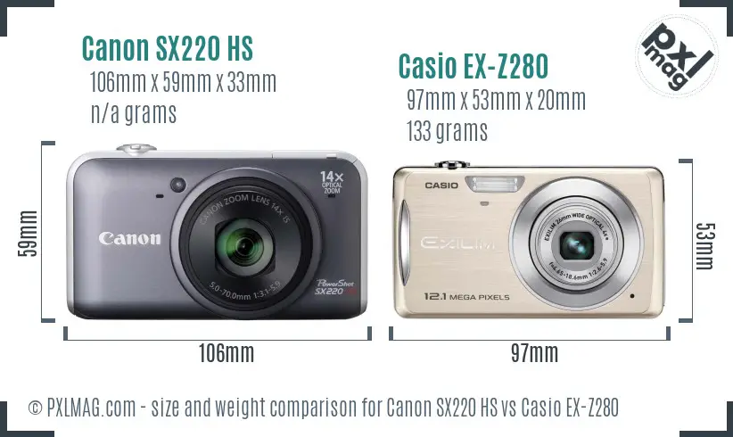 Canon SX220 HS vs Casio EX-Z280 size comparison