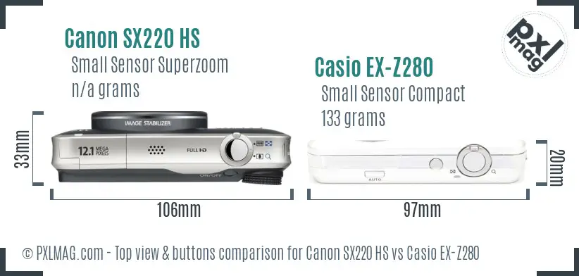 Canon SX220 HS vs Casio EX-Z280 top view buttons comparison