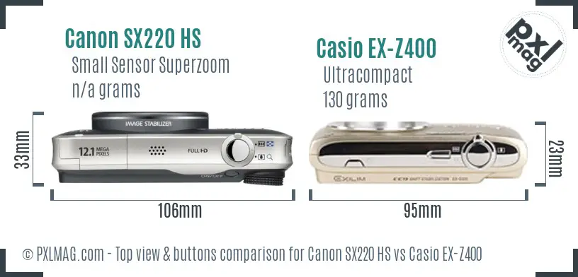 Canon SX220 HS vs Casio EX-Z400 top view buttons comparison Canon SX220 HS vs Casio EX-Z400 top view buttons comparison