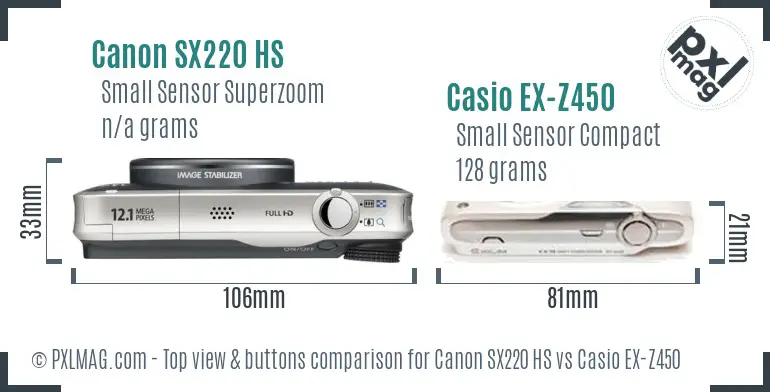 Canon SX220 HS vs Casio EX-Z450 top view buttons comparison Canon SX220 HS vs Casio EX-Z450 top view buttons comparison