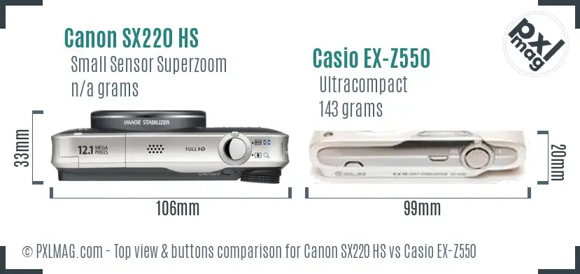 Canon SX220 HS vs Casio EX-Z550 top view buttons comparison Canon SX220 HS vs Casio EX-Z550 top view buttons comparison