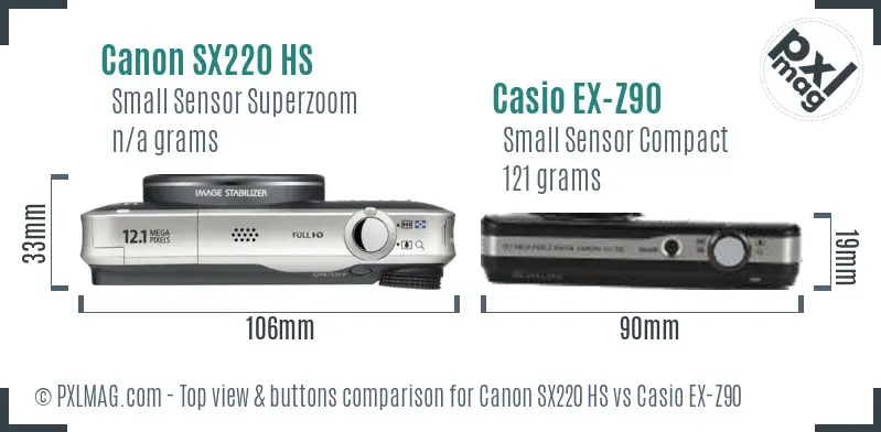 Canon SX220 HS vs Casio EX-Z90 top view buttons comparison