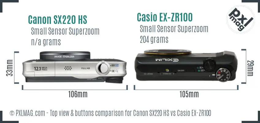 Canon SX220 HS vs Casio EX-ZR100 top view buttons comparison Canon SX220 HS vs Casio EX-ZR100 top view buttons comparison