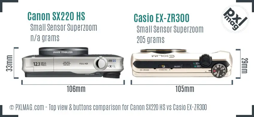 Canon SX220 HS vs Casio EX-ZR300 top view buttons comparison
