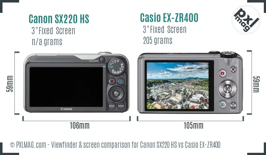 Canon SX220 HS vs Casio EX-ZR400 Screen and Viewfinder comparison