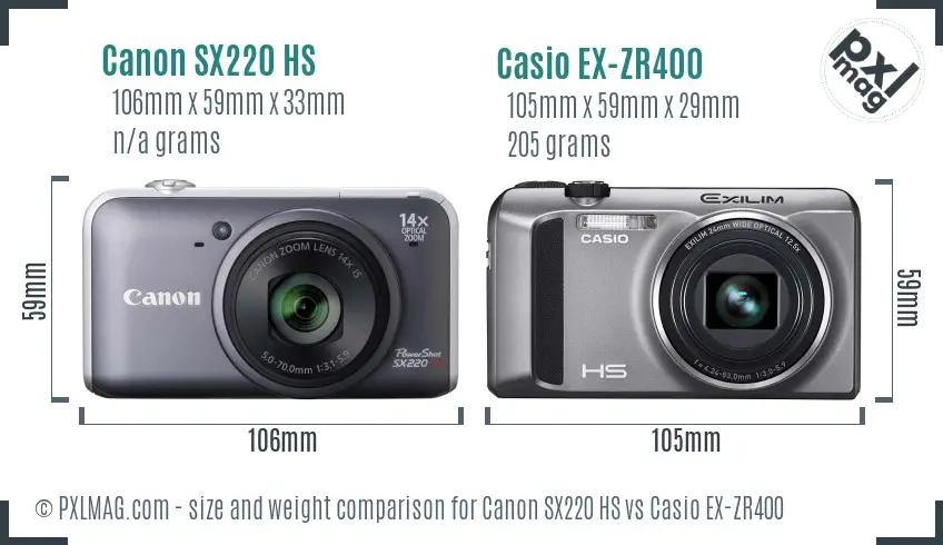 Canon SX220 HS vs Casio EX-ZR400 size comparison