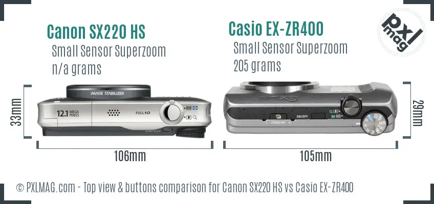 Canon SX220 HS vs Casio EX-ZR400 top view buttons comparison