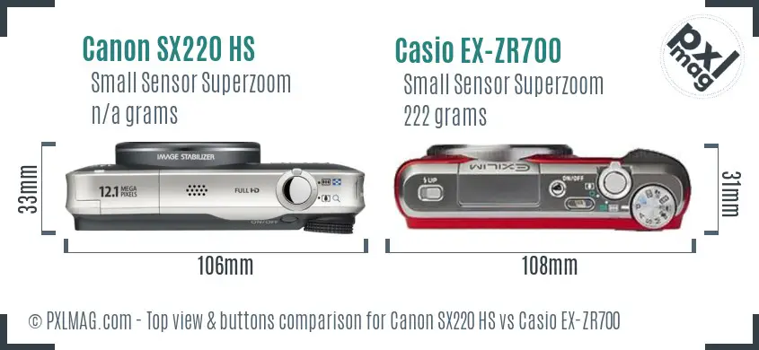 Canon SX220 HS vs Casio EX-ZR700 top view buttons comparison