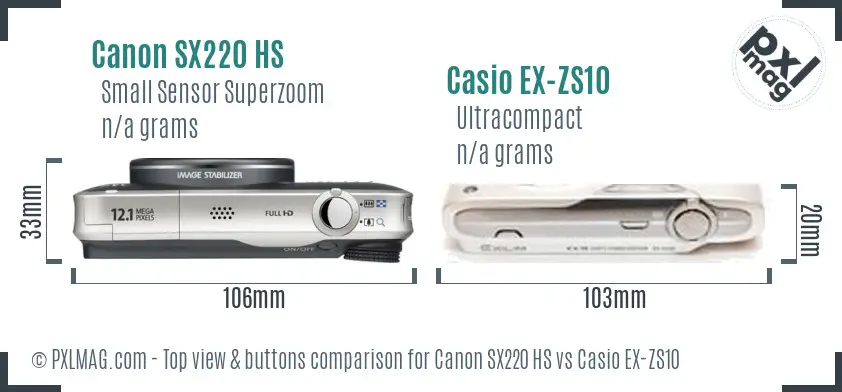 Canon SX220 HS vs Casio EX-ZS10 top view buttons comparison