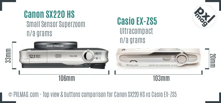 Canon SX220 HS vs Casio EX-ZS5 top view buttons comparison