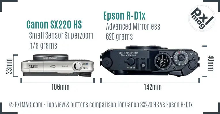 Canon SX220 HS vs Epson R-D1x top view buttons comparison Canon SX220 HS vs Epson R-D1x top view buttons comparison