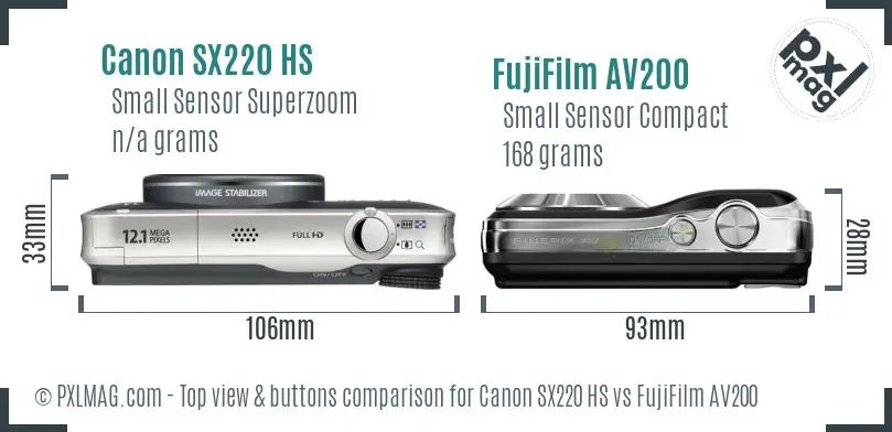 Canon SX220 HS vs FujiFilm AV200 top view buttons comparison