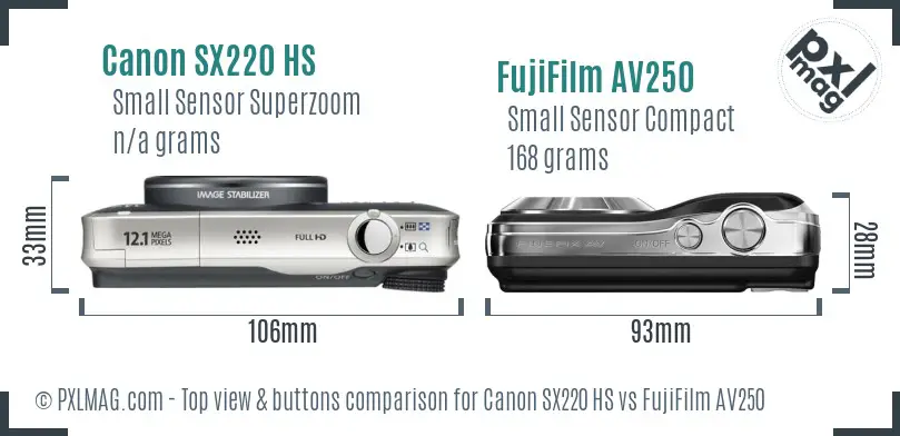 Canon SX220 HS vs FujiFilm AV250 top view buttons comparison