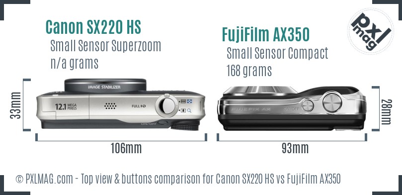 Canon SX220 HS vs FujiFilm AX350 top view buttons comparison