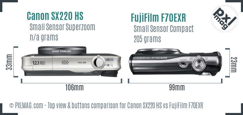 Canon SX220 HS vs FujiFilm F70EXR top view buttons comparison
