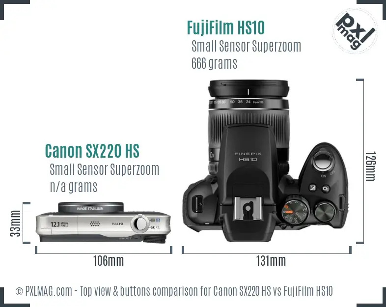 Canon SX220 HS vs FujiFilm HS10 top view buttons comparison Canon SX220 HS vs FujiFilm HS10 top view buttons comparison