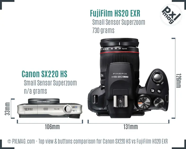 Canon SX220 HS vs FujiFilm HS20 EXR top view buttons comparison
