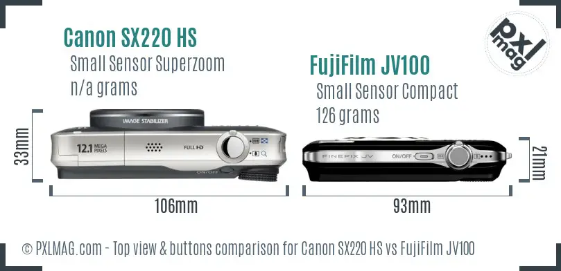 Canon SX220 HS vs FujiFilm JV100 top view buttons comparison Canon SX220 HS vs FujiFilm JV100 top view buttons comparison