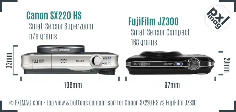 Canon SX220 HS vs FujiFilm JZ300 top view buttons comparison Canon SX220 HS vs FujiFilm JZ300 top view buttons comparison