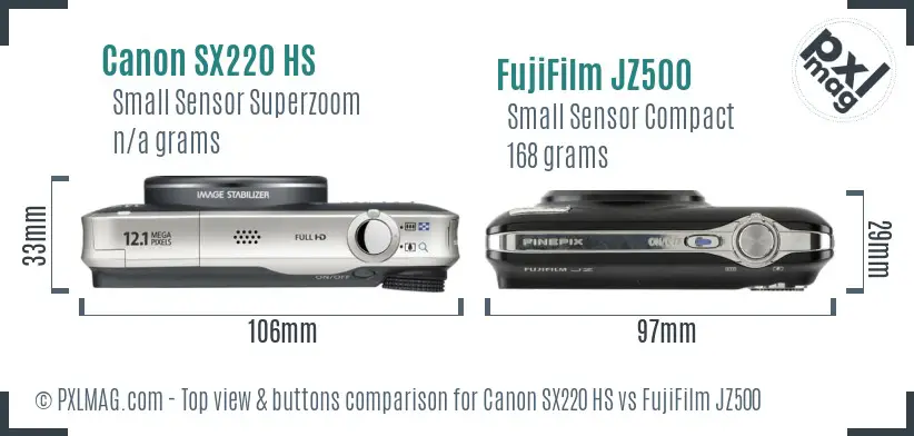 Canon SX220 HS vs FujiFilm JZ500 top view buttons comparison