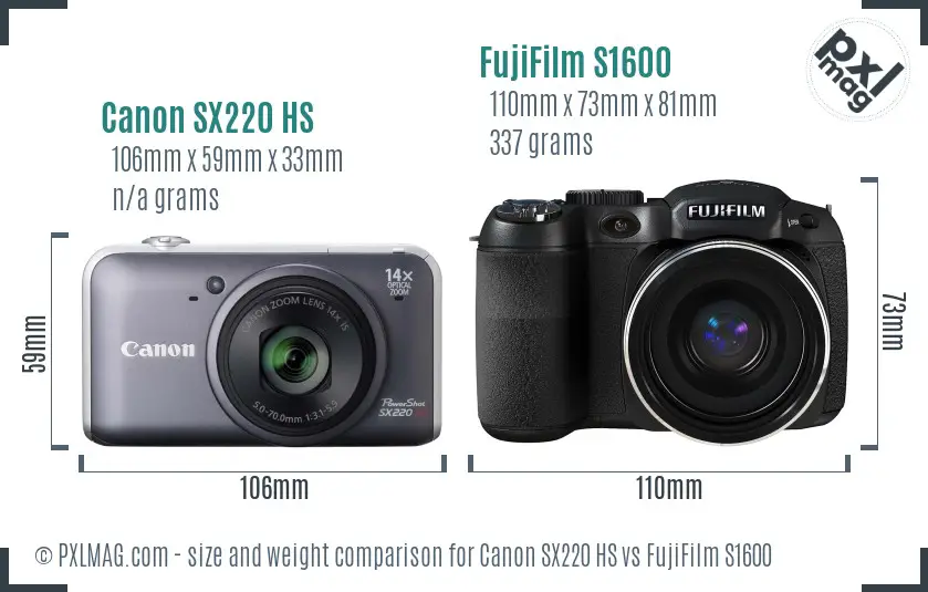 Canon SX220 HS vs FujiFilm S1600 size comparison