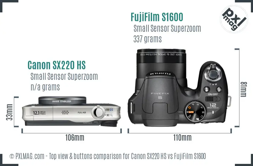 Canon SX220 HS vs FujiFilm S1600 top view buttons comparison