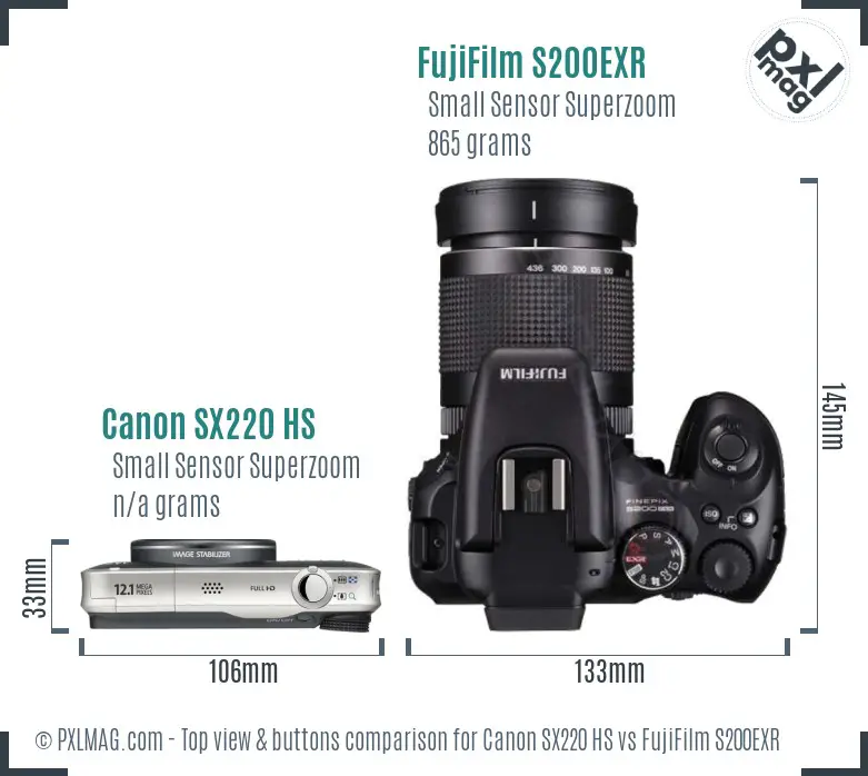 Canon SX220 HS vs FujiFilm S200EXR top view buttons comparison Canon SX220 HS vs FujiFilm S200EXR top view buttons comparison