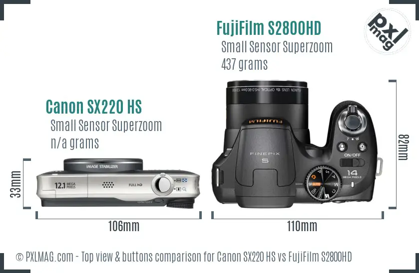 Canon SX220 HS vs FujiFilm S2800HD top view buttons comparison Canon SX220 HS vs FujiFilm S2800HD top view buttons comparison