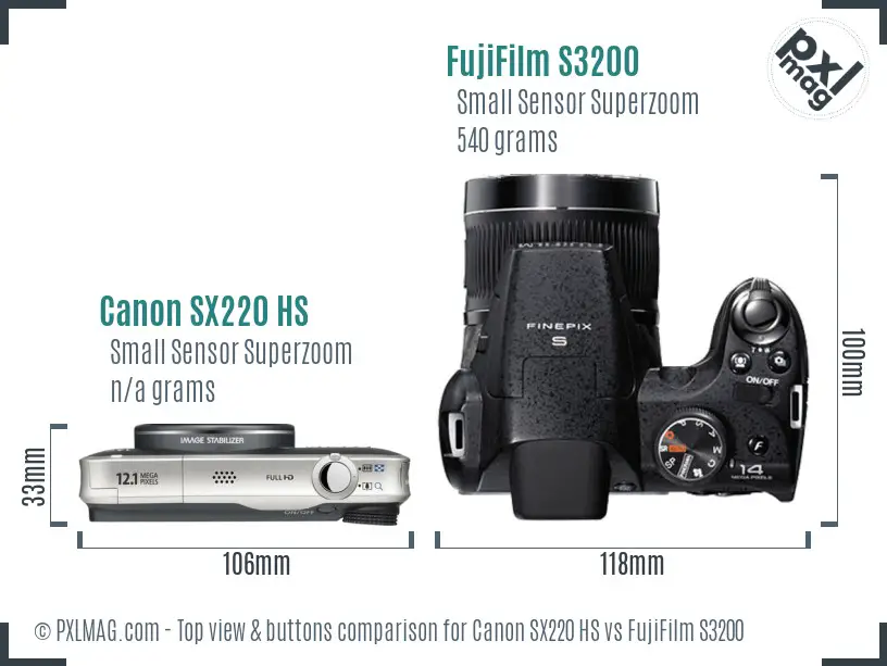 Canon SX220 HS vs FujiFilm S3200 top view buttons comparison Canon SX220 HS vs FujiFilm S3200 top view buttons comparison