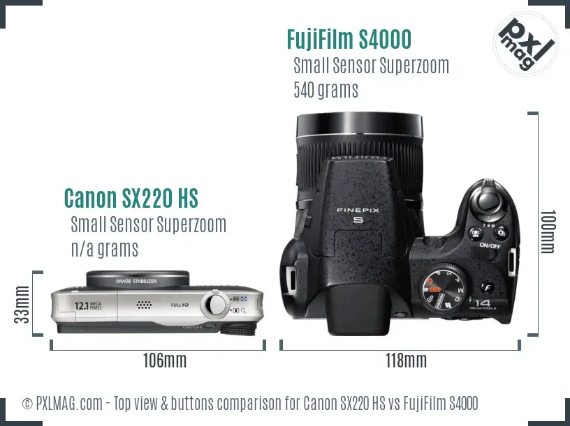 Canon SX220 HS vs FujiFilm S4000 top view buttons comparison Canon SX220 HS vs FujiFilm S4000 top view buttons comparison