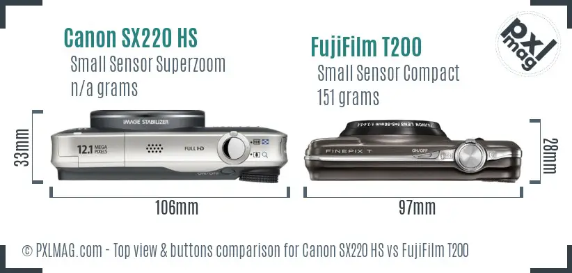 Canon SX220 HS vs FujiFilm T200 top view buttons comparison