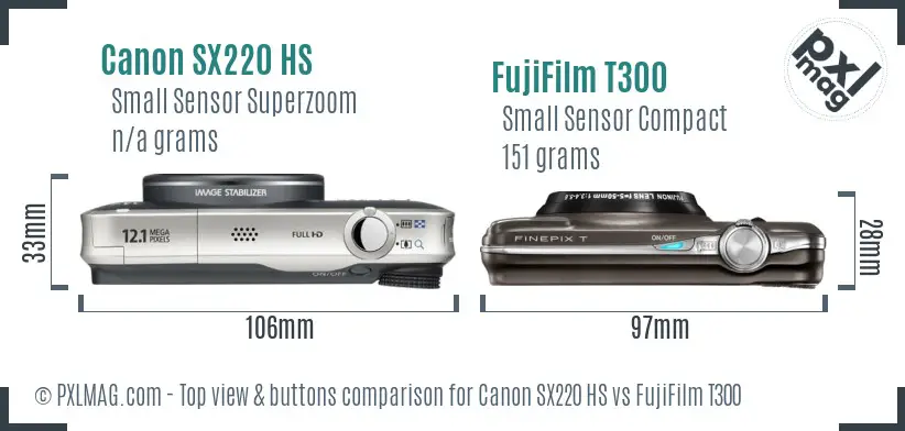 Canon SX220 HS vs FujiFilm T300 top view buttons comparison