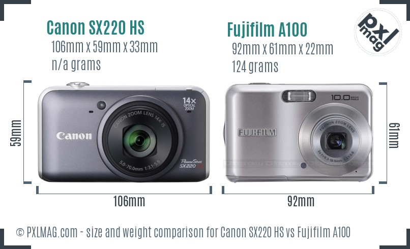 Canon SX220 HS vs Fujifilm A100 size comparison