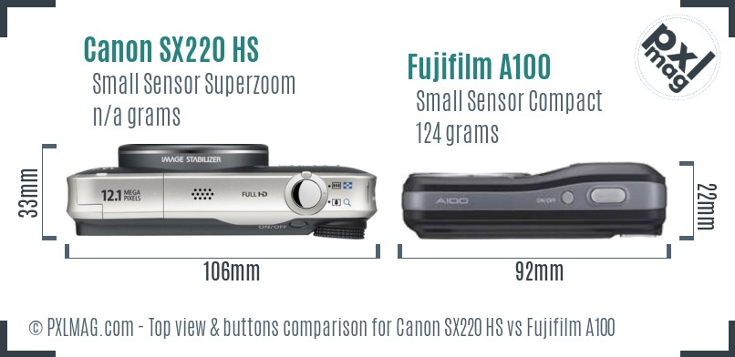 Canon SX220 HS vs Fujifilm A100 top view buttons comparison