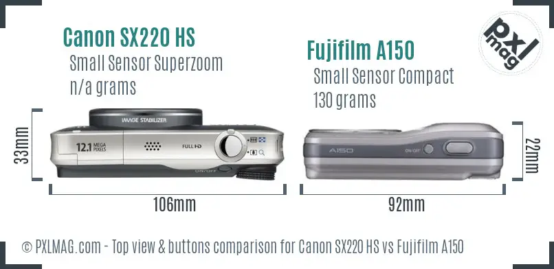 Canon SX220 HS vs Fujifilm A150 top view buttons comparison Canon SX220 HS vs Fujifilm A150 top view buttons comparison