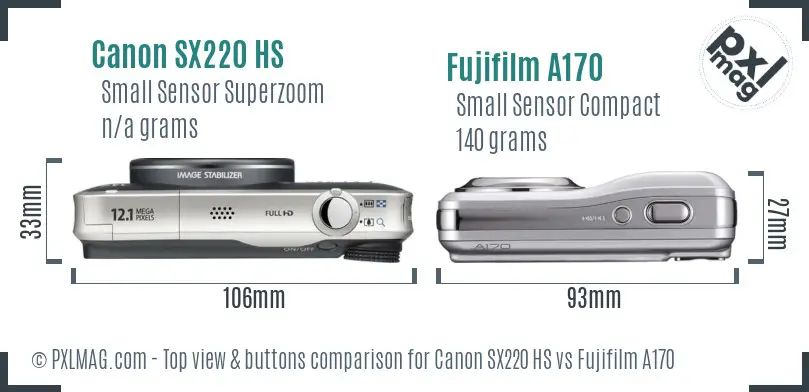 Canon SX220 HS vs Fujifilm A170 top view buttons comparison