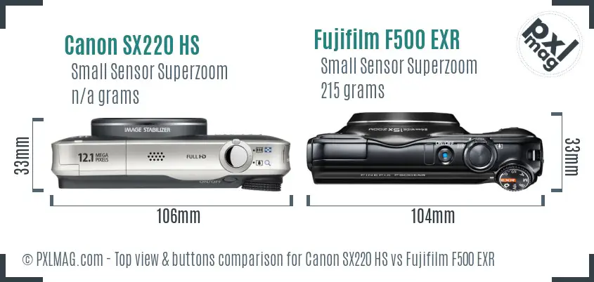 Canon SX220 HS vs Fujifilm F500 EXR top view buttons comparison