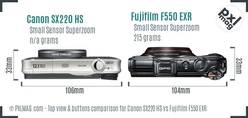 Canon SX220 HS vs Fujifilm F550 EXR top view buttons comparison Canon SX220 HS vs Fujifilm F550 EXR top view buttons comparison