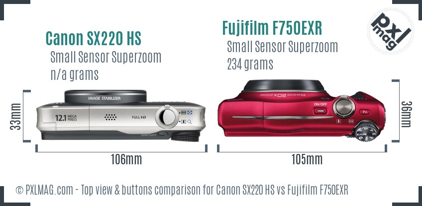 Canon SX220 HS vs Fujifilm F750EXR top view buttons comparison