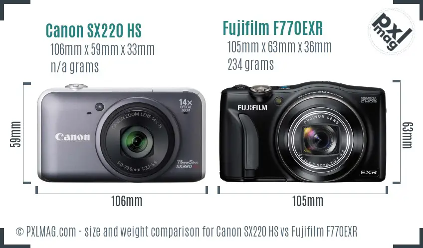 Canon SX220 HS vs Fujifilm F770EXR size comparison