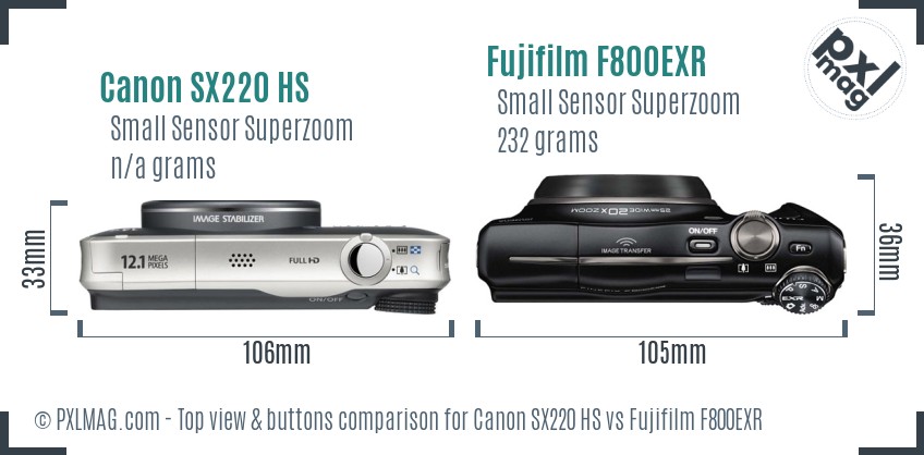 Canon SX220 HS vs Fujifilm F800EXR top view buttons comparison