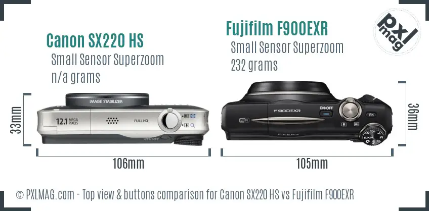 Canon SX220 HS vs Fujifilm F900EXR top view buttons comparison