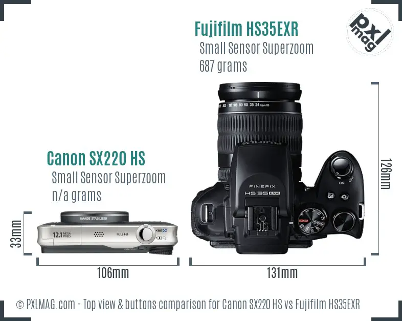 Canon SX220 HS vs Fujifilm HS35EXR top view buttons comparison