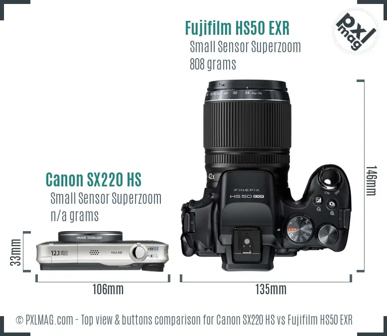 Canon SX220 HS vs Fujifilm HS50 EXR top view buttons comparison