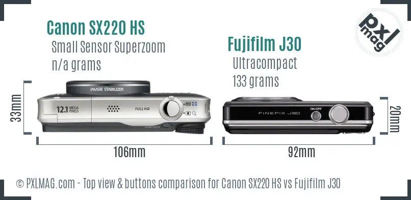 Canon SX220 HS vs Fujifilm J30 top view buttons comparison