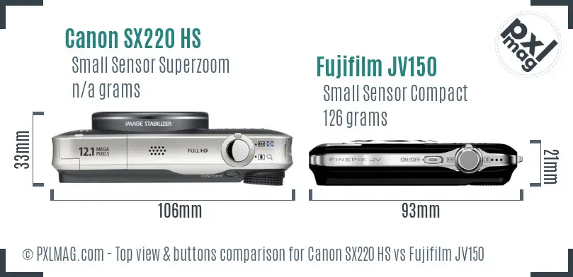 Canon SX220 HS vs Fujifilm JV150 top view buttons comparison