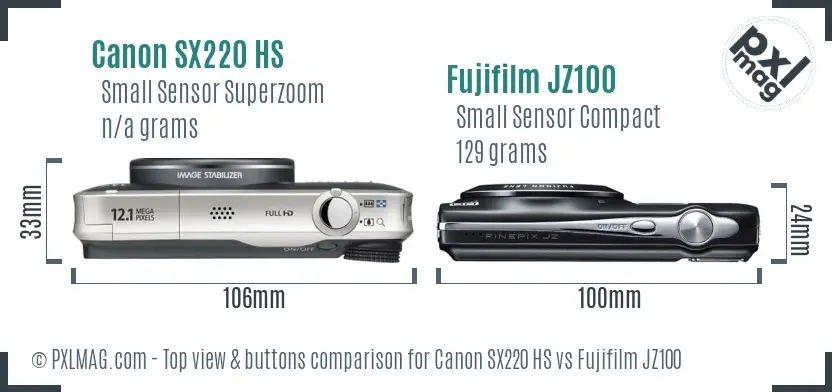 Canon SX220 HS vs Fujifilm JZ100 top view buttons comparison