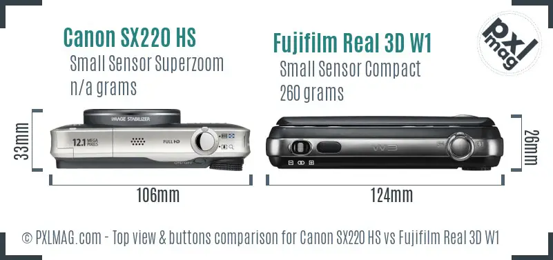 Canon SX220 HS vs Fujifilm Real 3D W1 top view buttons comparison