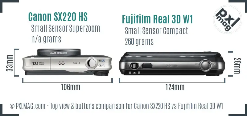 Canon SX220 HS vs Fujifilm Real 3D W1 top view buttons comparison Canon SX220 HS vs Fujifilm Real 3D W1 top view buttons comparison