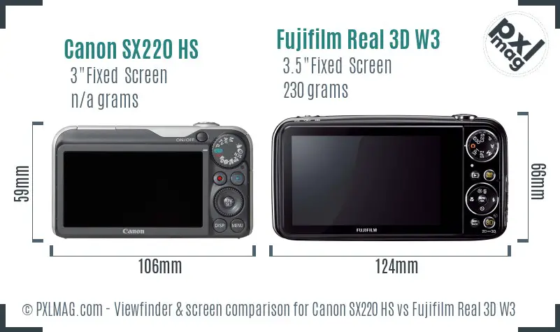 Canon SX220 HS vs Fujifilm Real 3D W3 Screen and Viewfinder comparison